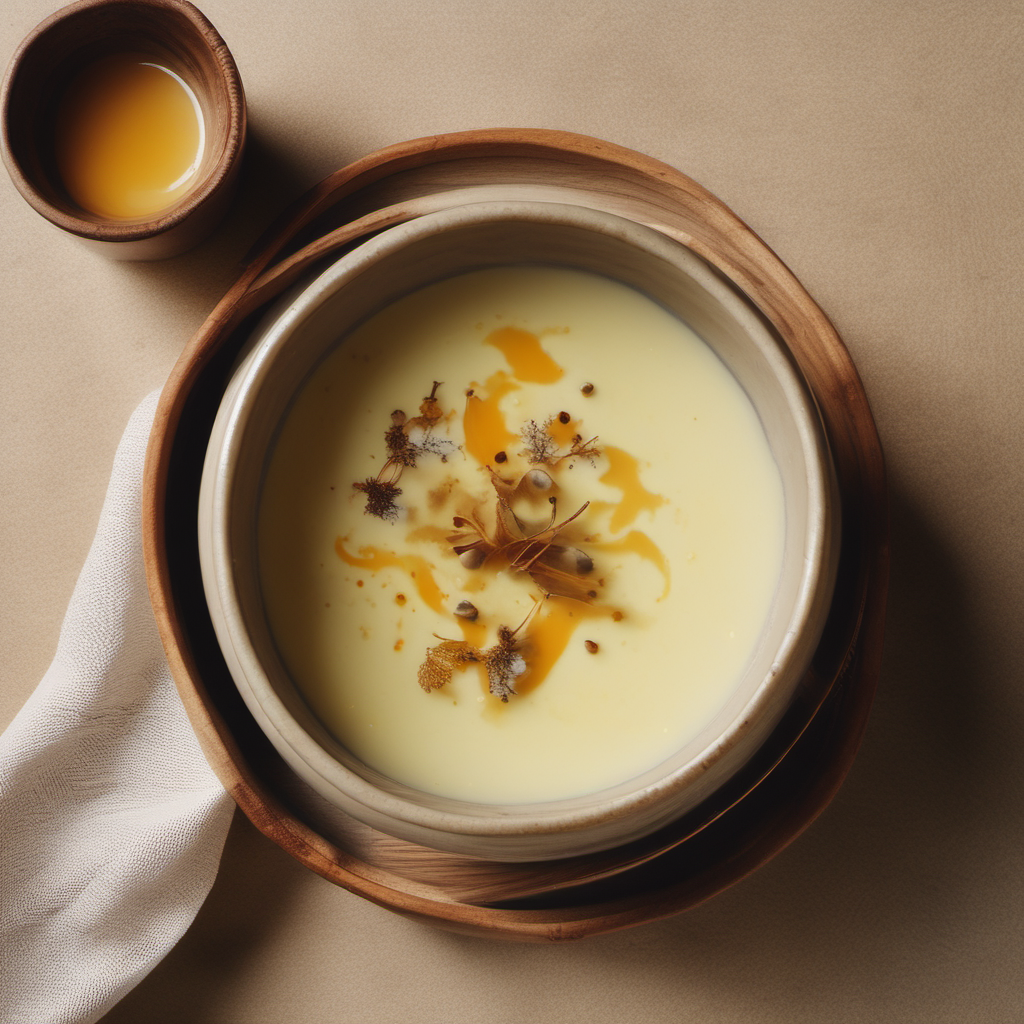 A steamed custard course beside a cup of warm sake