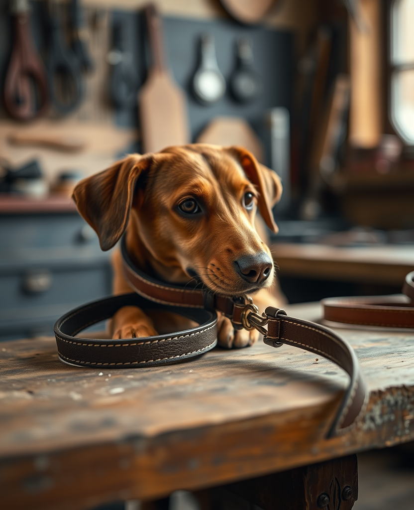 A dog resting beside a leather collar on a wooden surface
