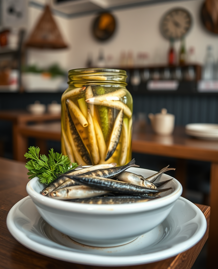 Pickled anchovies in a jar beside a plate of sardines