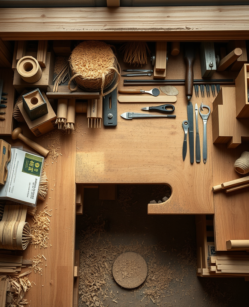 A joiner's bench laid out with chisels and cypress offcuts