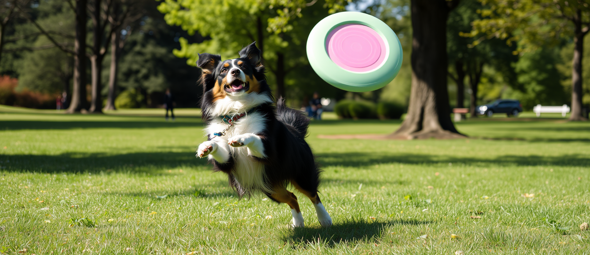 A border collie mid-jump catching a frisbee in a park
