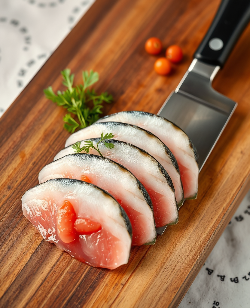 Kohada sliced on a board beside the knife