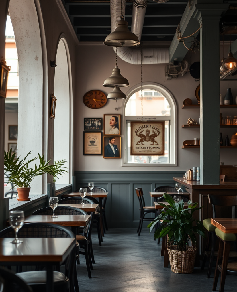 The tavern room with tables set