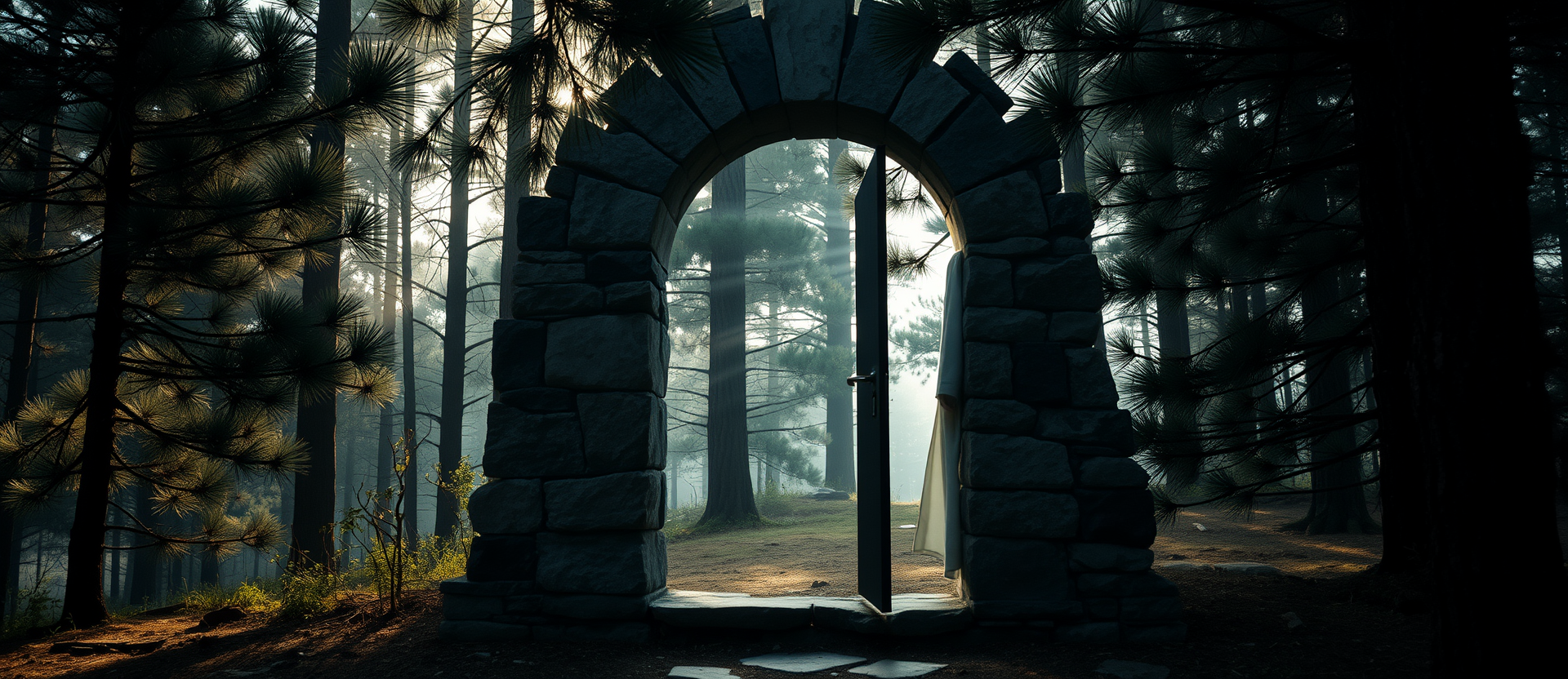 Stone archway opening onto a misty pine forest at dawn