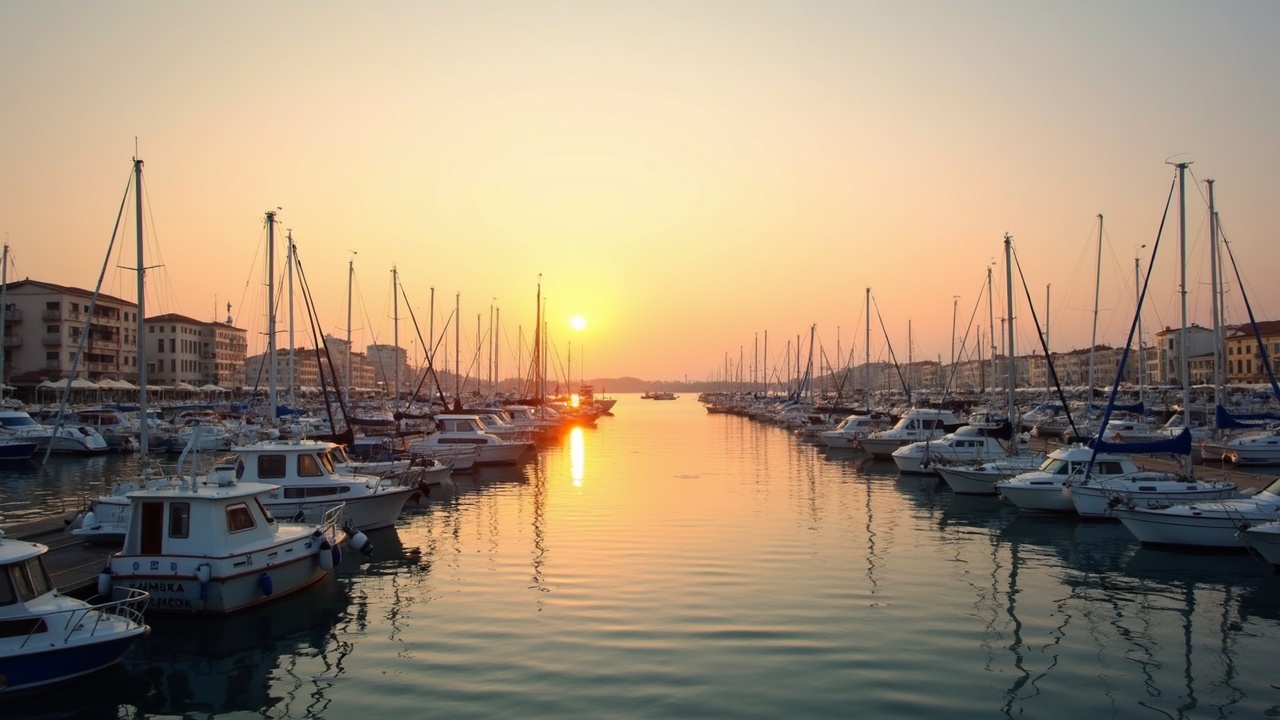 The harbour at sunset with fishing boats