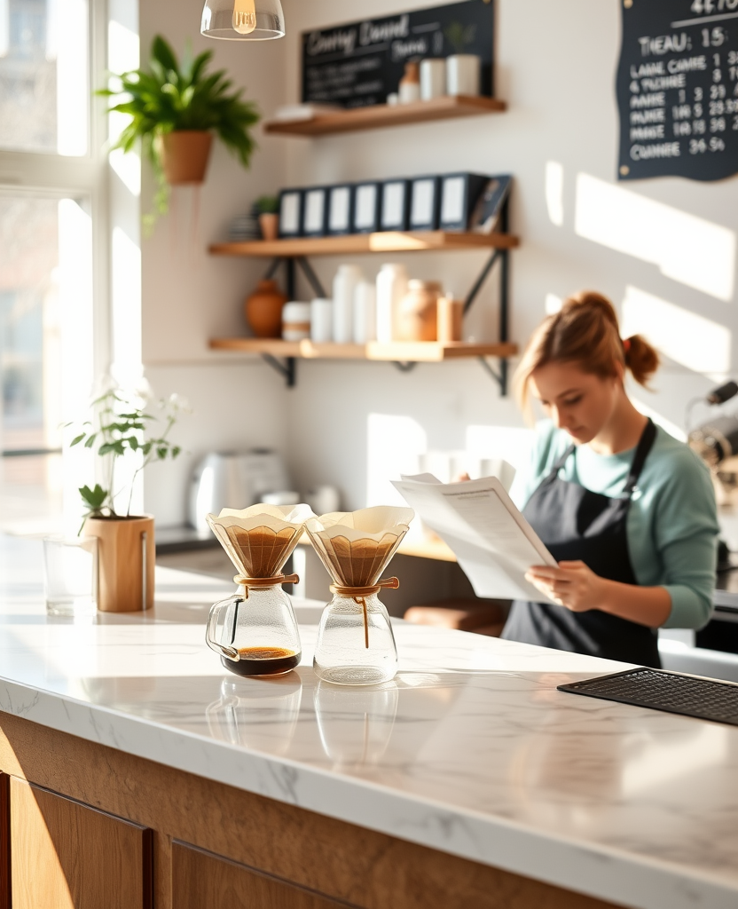 Three V60s mid-bloom on the marble counter