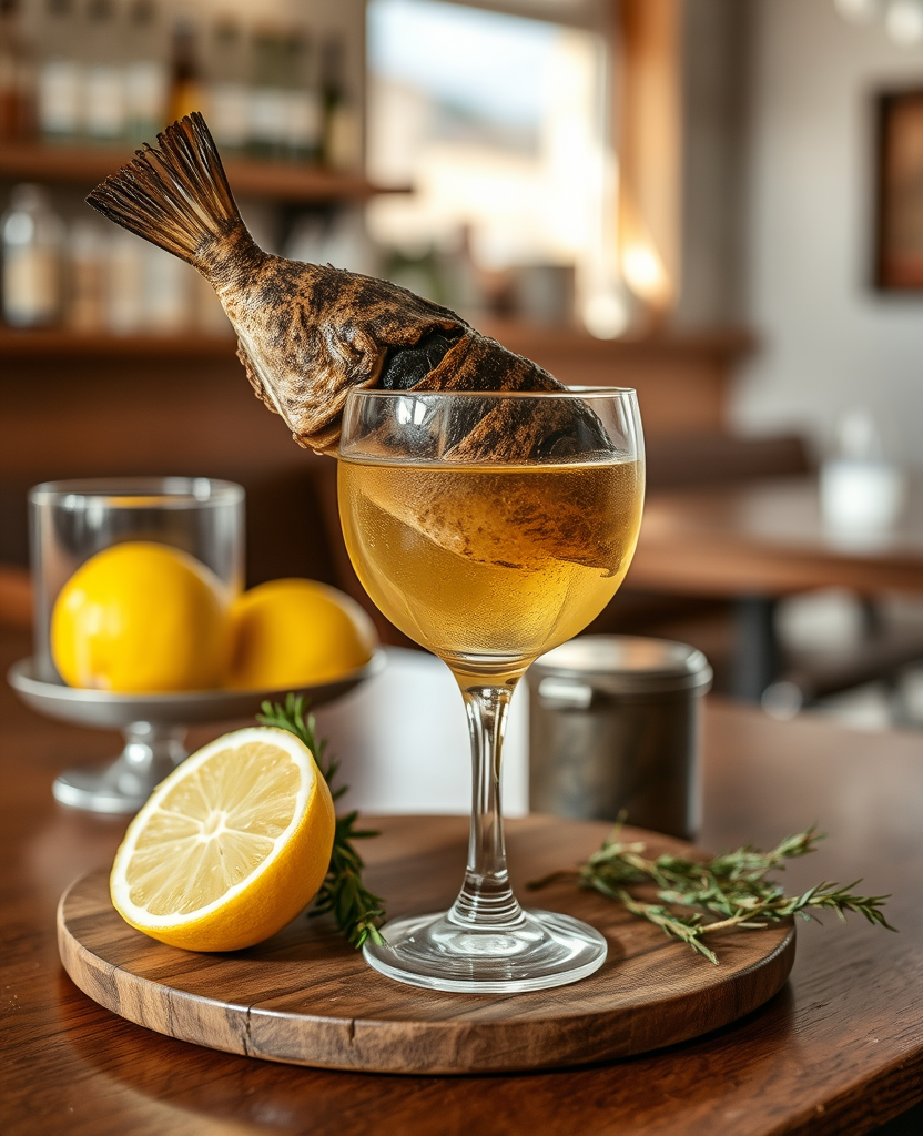 A glass of white wine beside lemons and a fish
