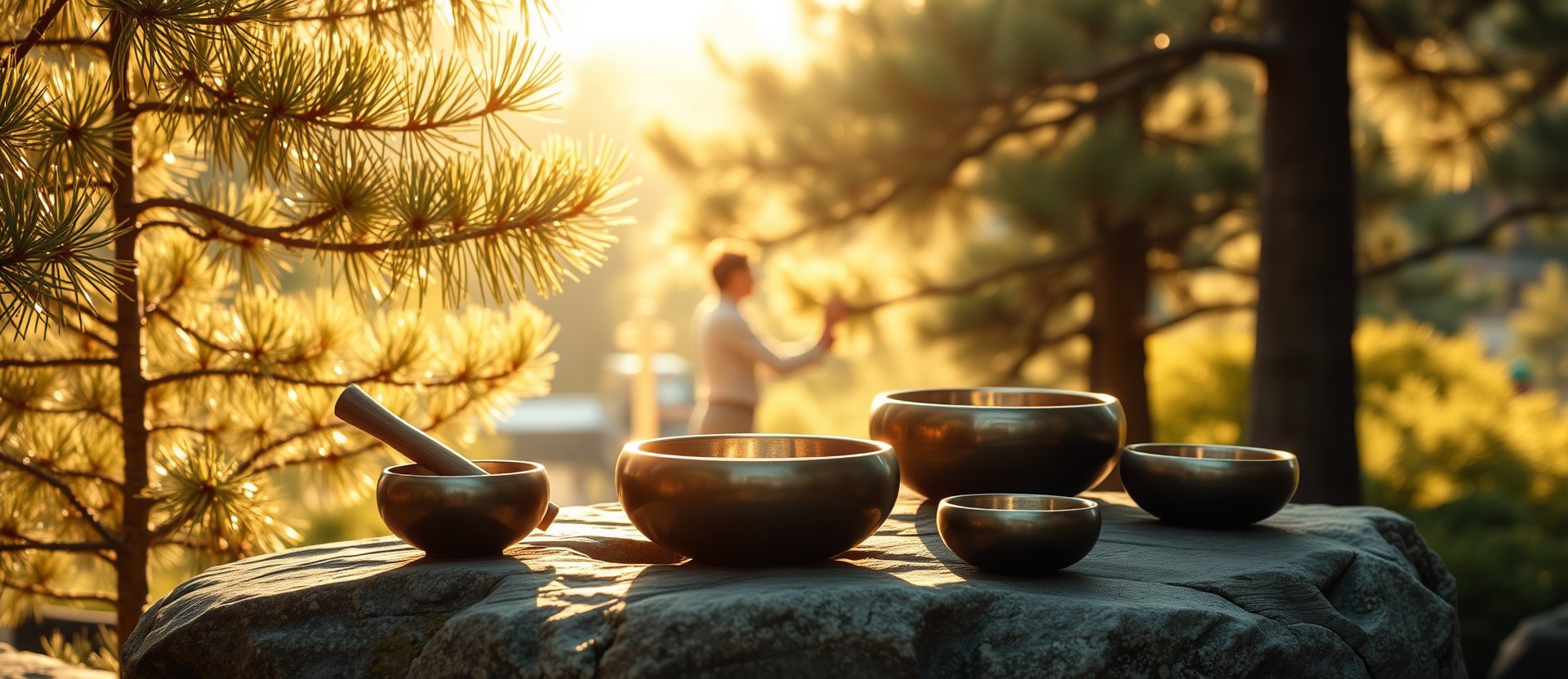 Sound bowls in the pine garden