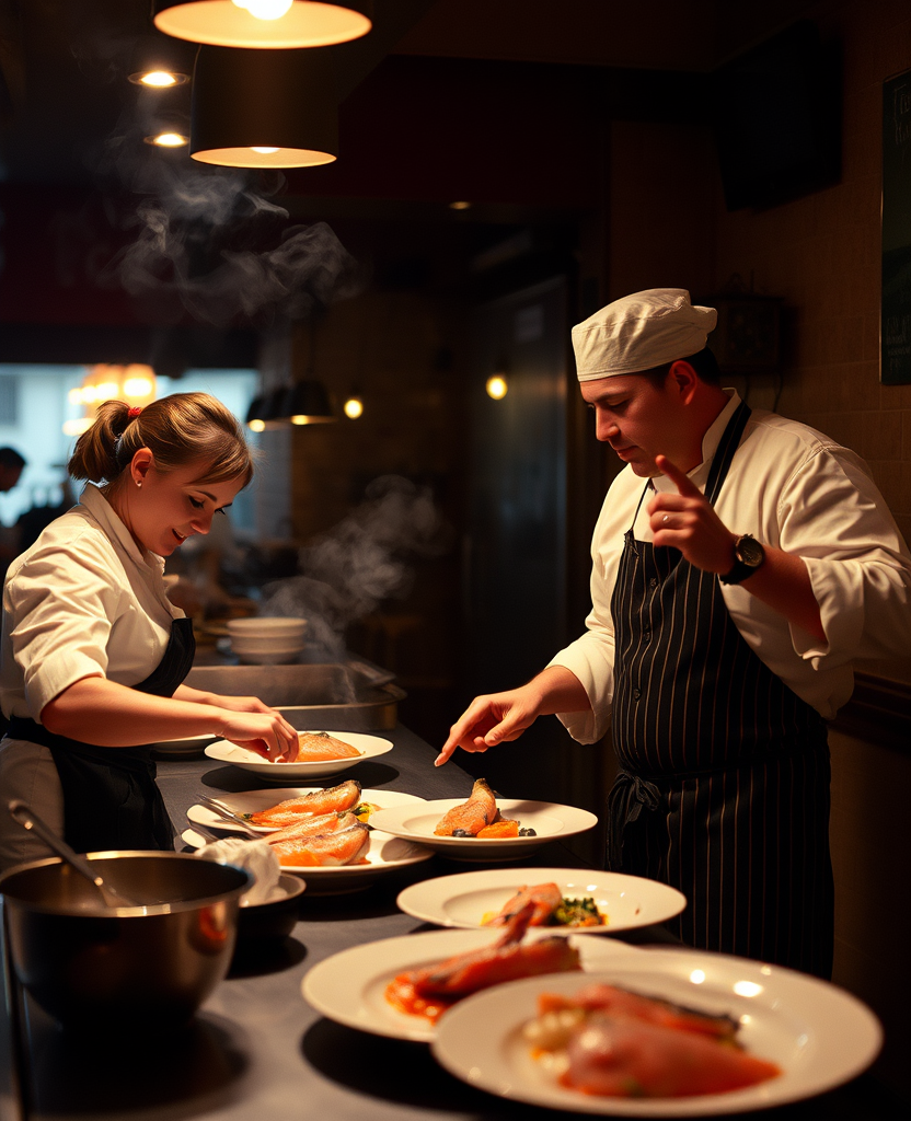 Sofia at the pass, plating a whole fish