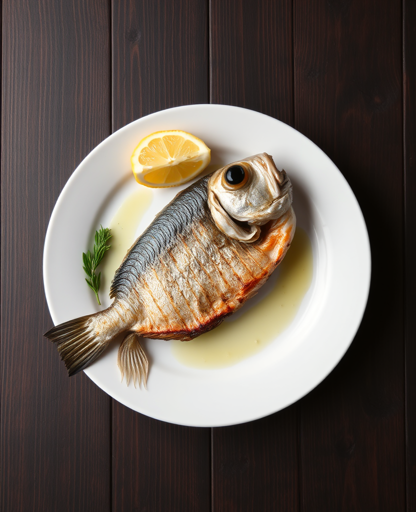 A whole grilled fish on a plate with olive oil