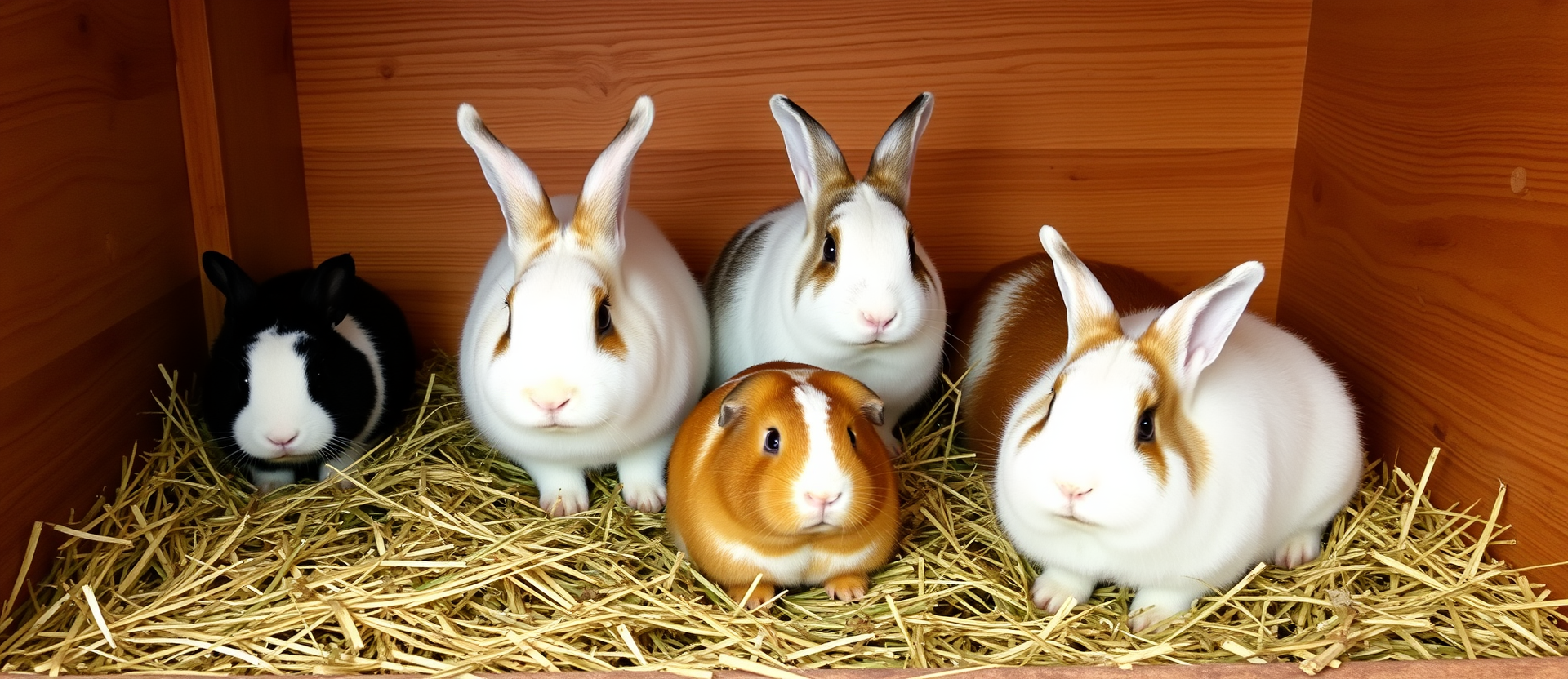 Rabbits and a guinea pig on fresh hay in a wooden hutch