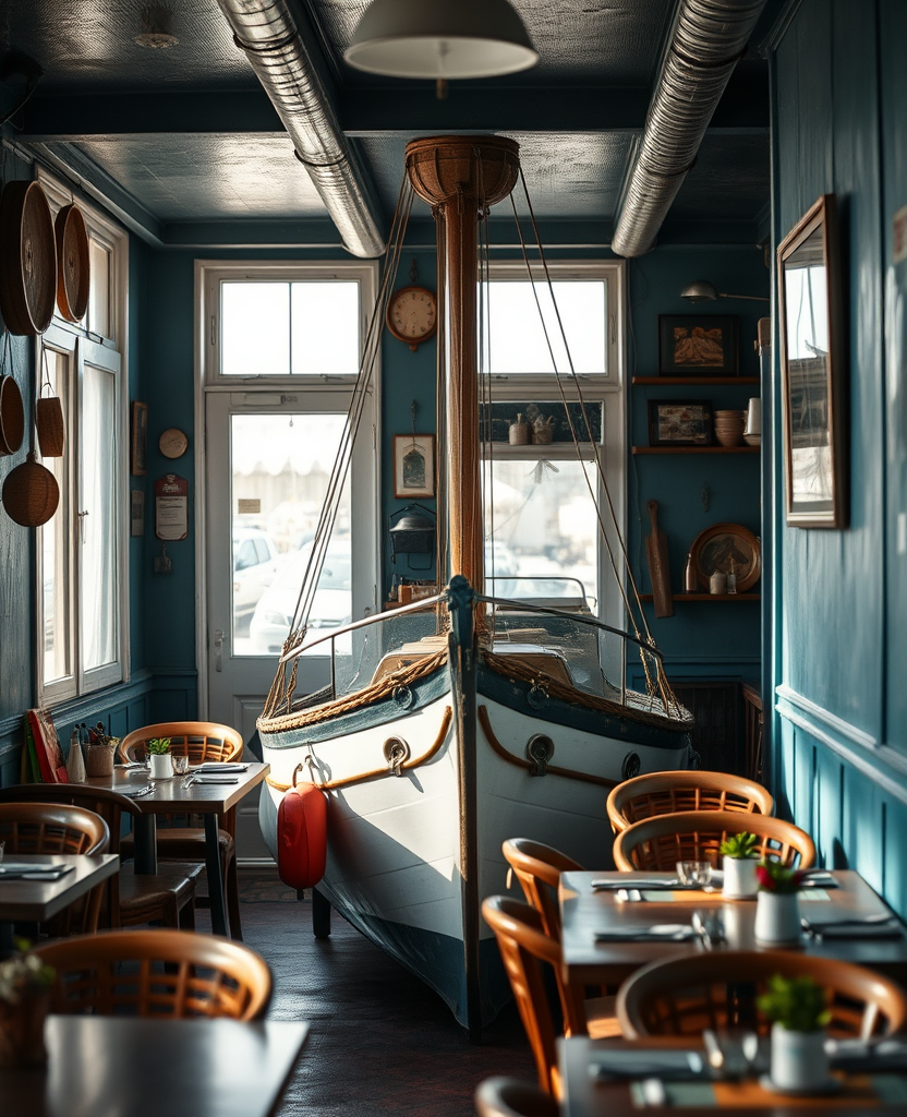 The middle room with a boat and ceiling hooks