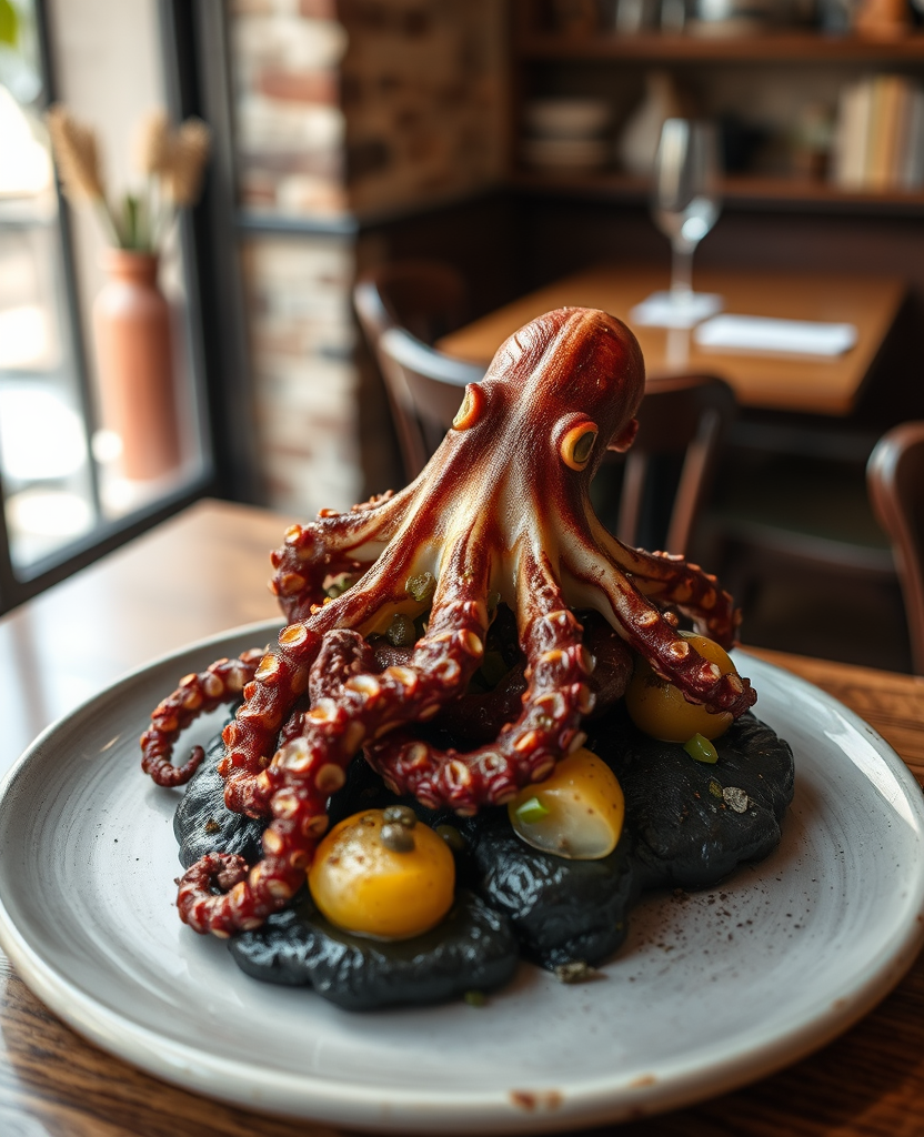 Charcoal-grilled octopus on a plate
