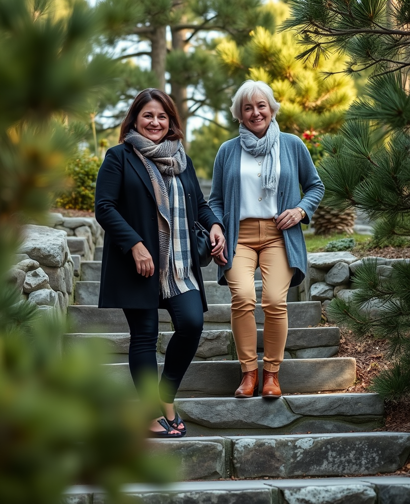 The two founders on the stone steps of the winery
