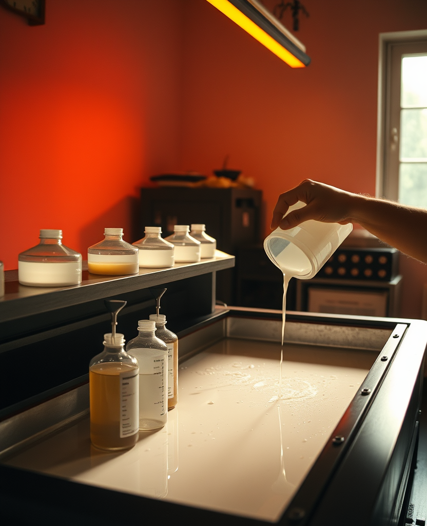 C-41 chemistry being poured in the shop darkroom