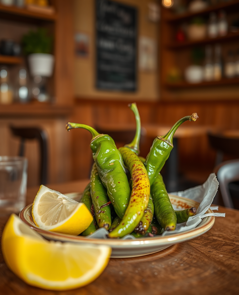 Charred green peppers with lemon