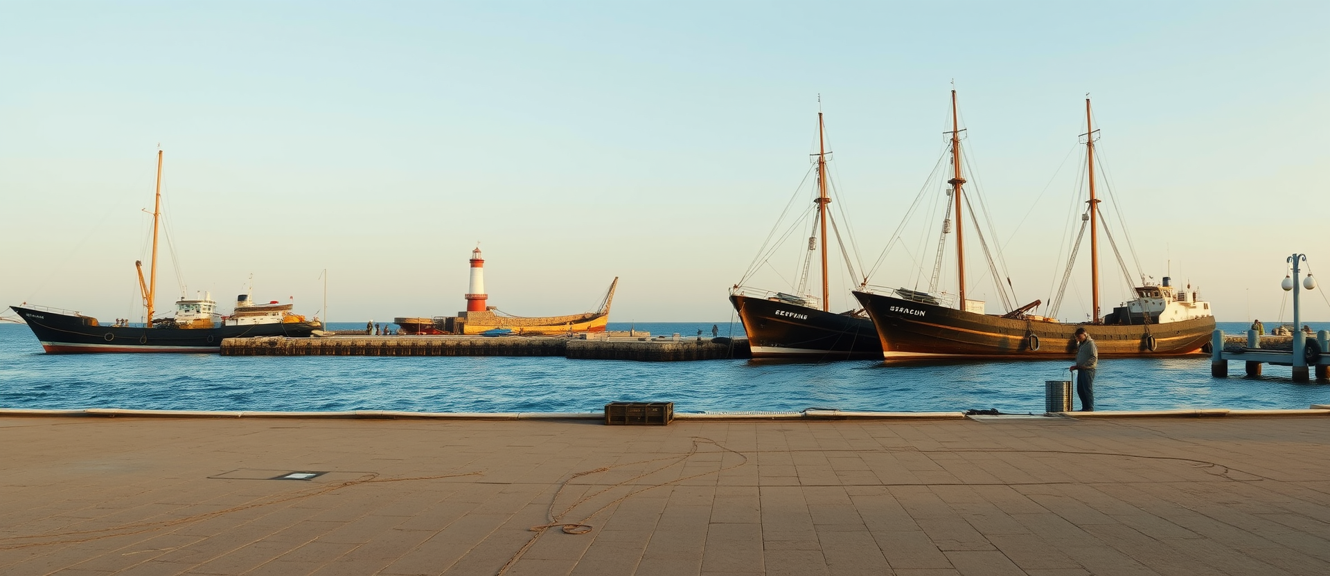 The Alexandroupoli pier at dawn, fishing boats moored beside the lighthouse