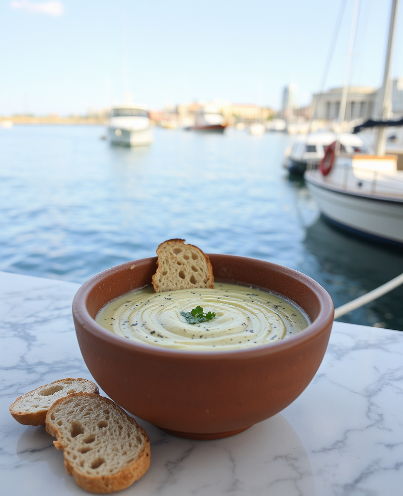 A bowl of house taramosalata with bread