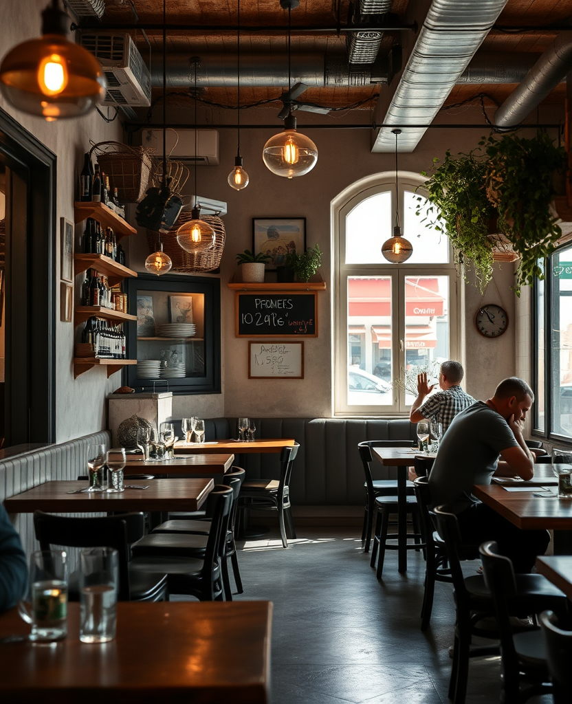 The tavern room in the evening, tables set beside the window