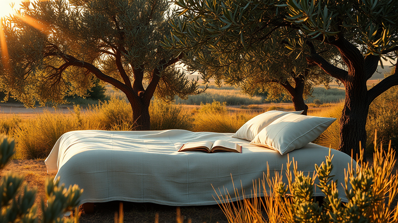 Linen-draped daybed under olive trees
