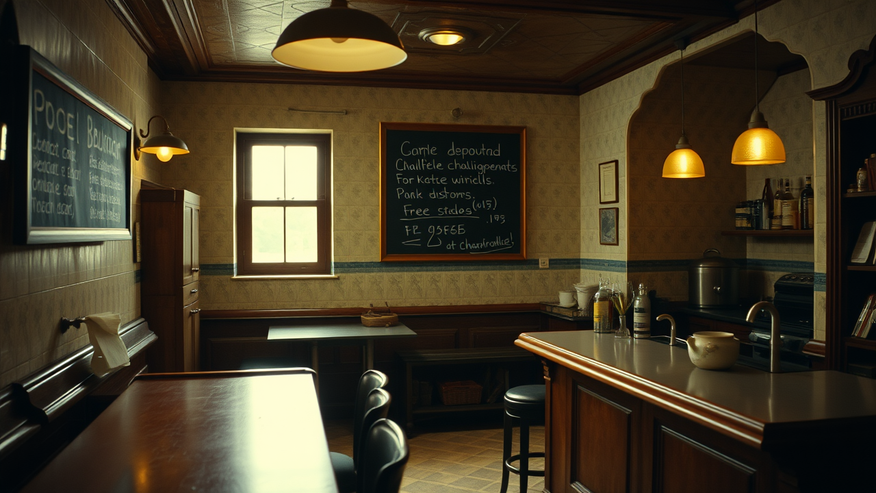 The tavern kitchen and blackboard before service