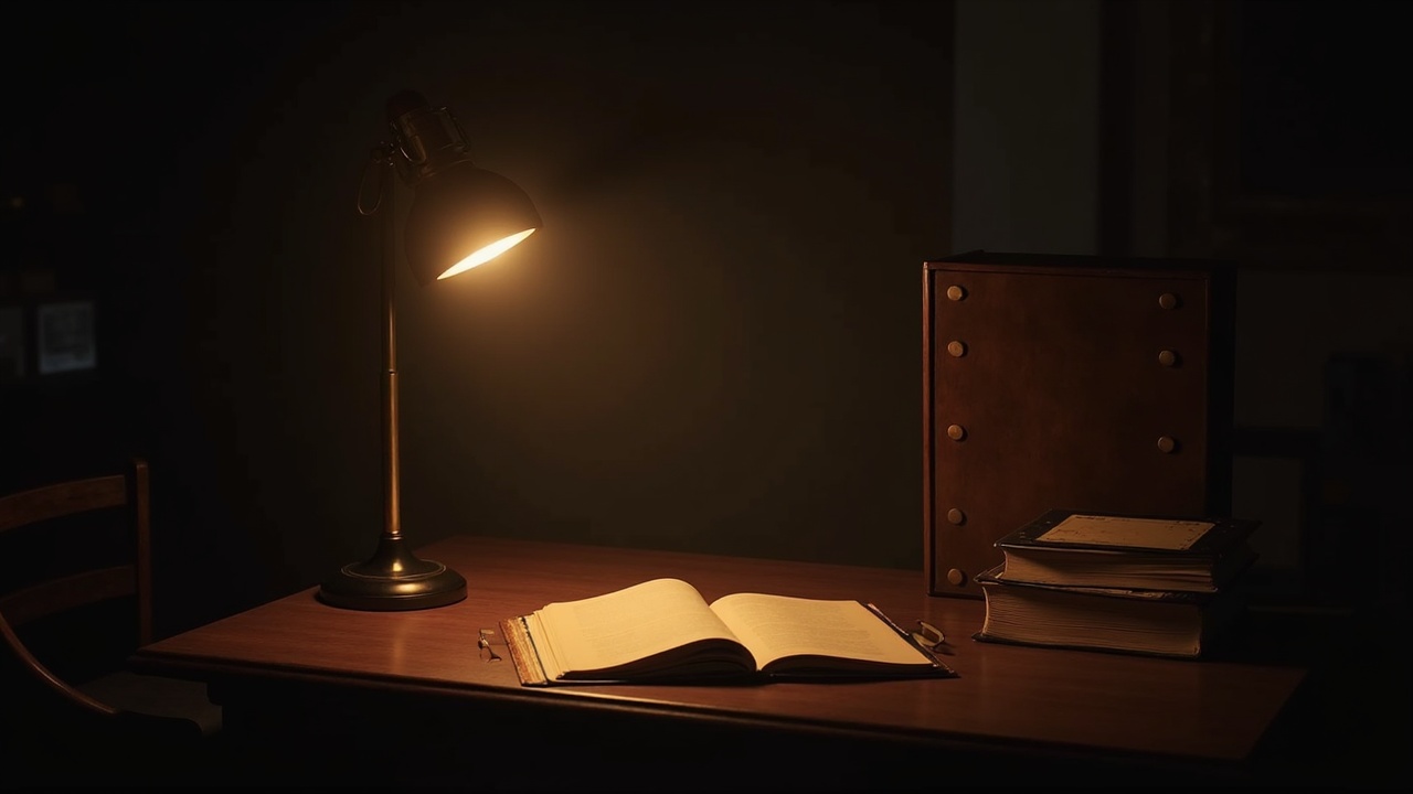 A desk lamp over an open notebook in Studio B